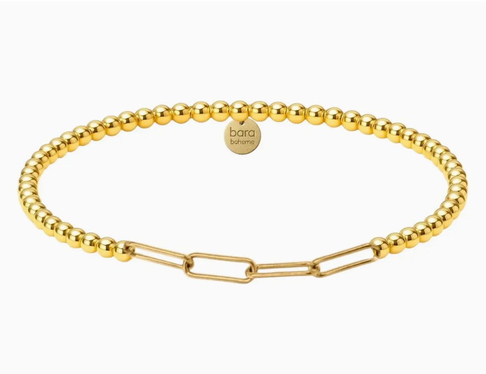 Gold beaded bracelet with a chain link