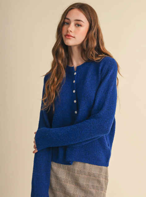 Royal Blue Marled Knit Button Cardigan — cropped waist-length cardigan with ribbed trim and button placke