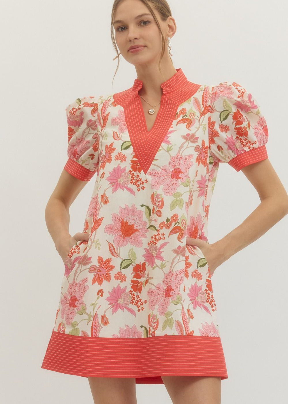 Floral dress with pink accents 