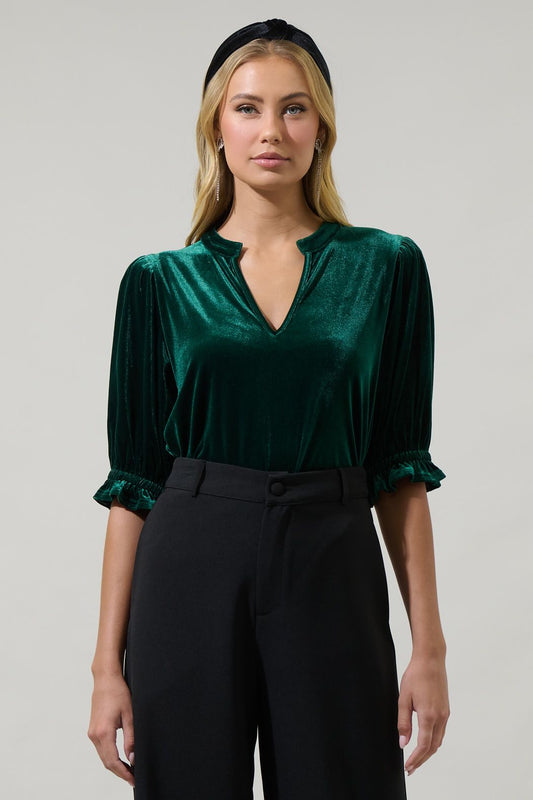 Velvet Split Neck Half Sleeve Top