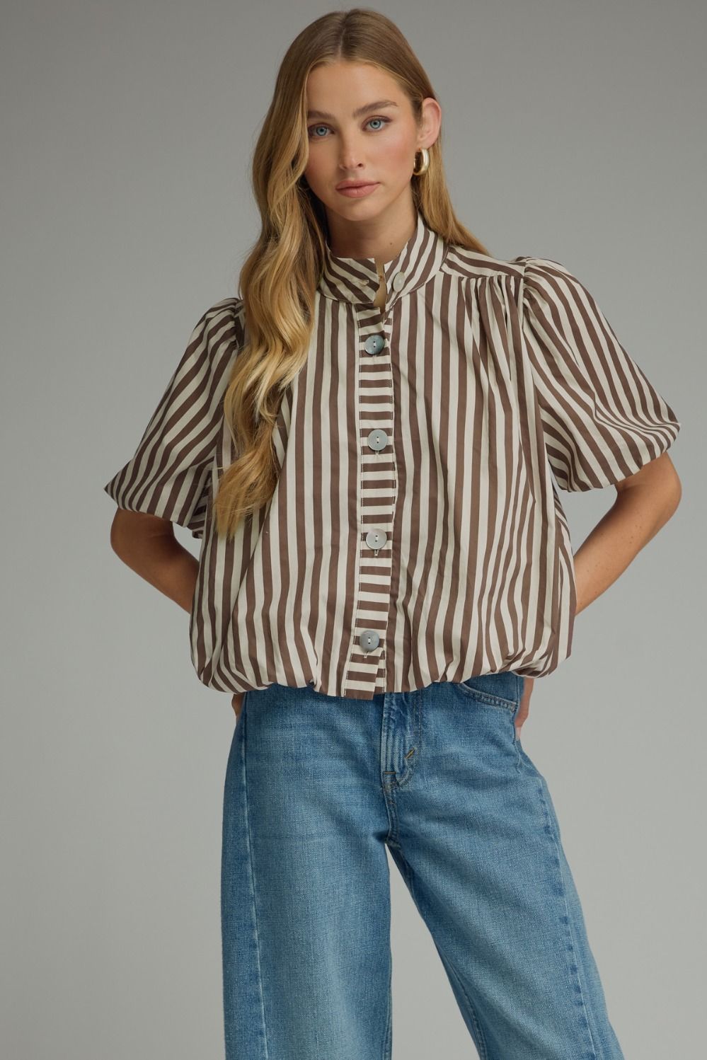 Stripe short puff sleeve top with band collar neckline, front button closure, shirring detail at shoulders and back, elasticated hem, fully lined woven construction, non-sheer.