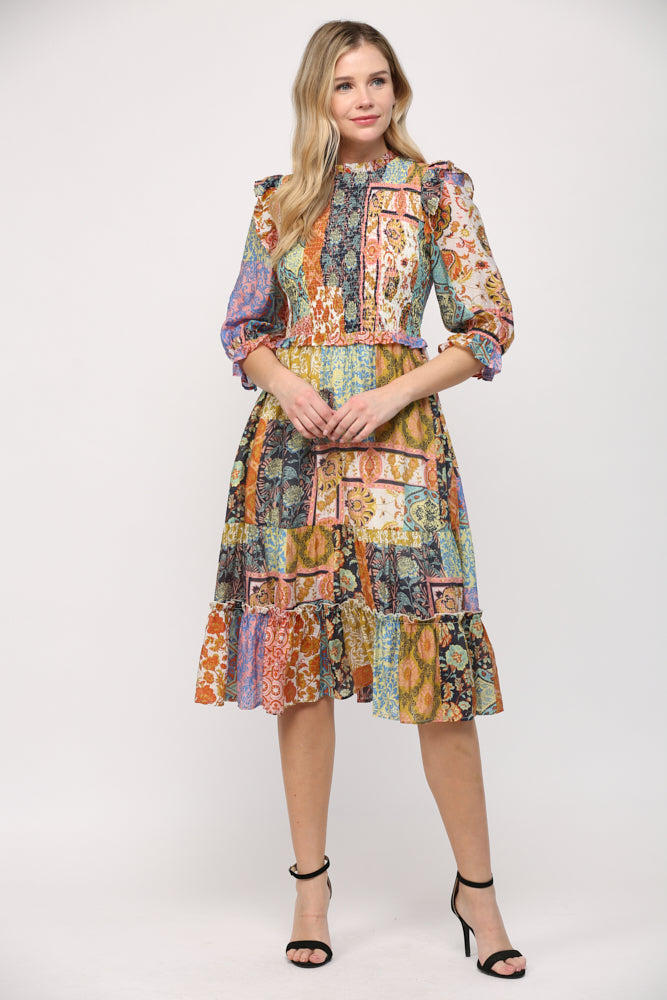 Patchwork Print Midi Dress