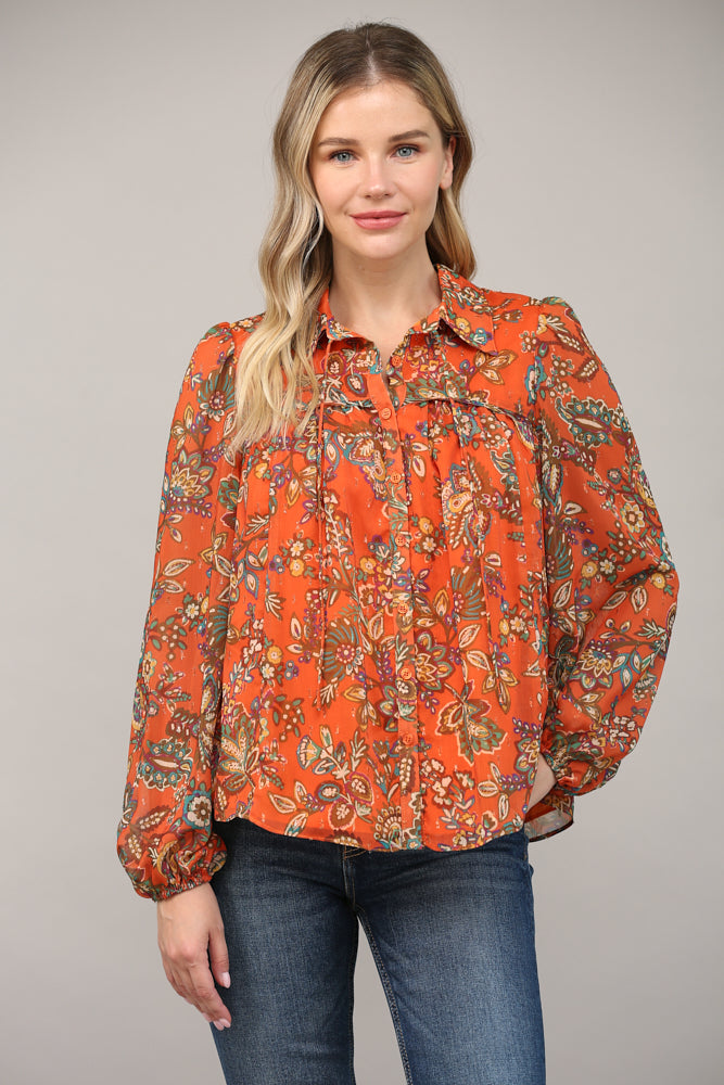 10/30 - PRINT WITH LUREX TIE NECK BLOUSE - Top - Long Sleeve - Surprise Lily