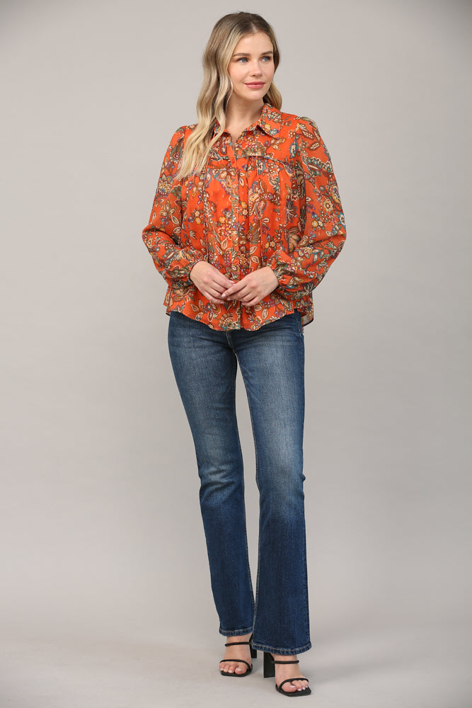 10/30 - PRINT WITH LUREX TIE NECK BLOUSE - Top - Long Sleeve - Surprise Lily