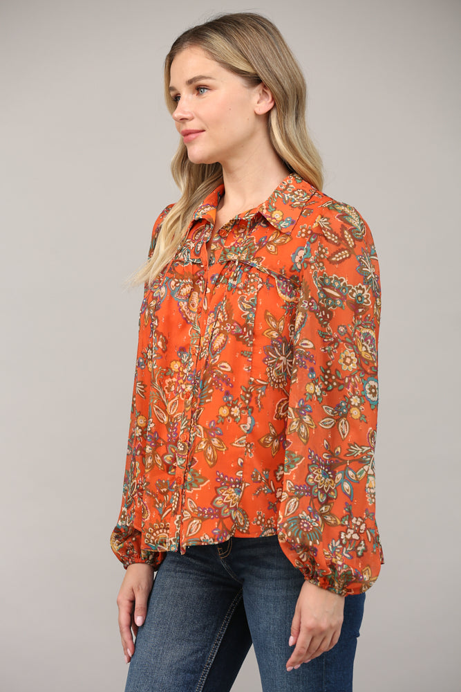 10/30 - PRINT WITH LUREX TIE NECK BLOUSE - Top - Long Sleeve - Surprise Lily