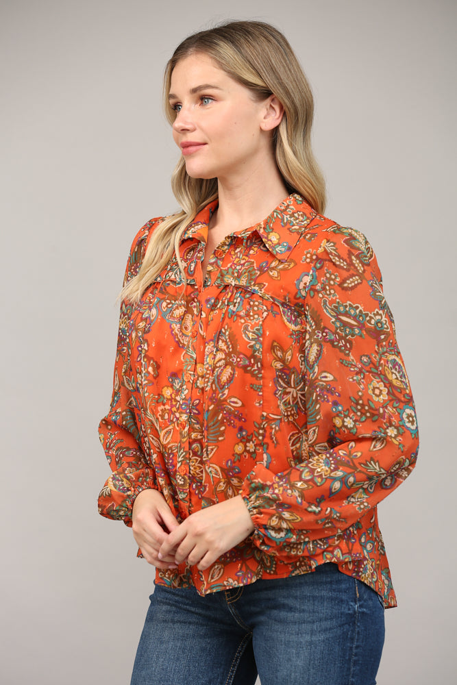 10/30 - PRINT WITH LUREX TIE NECK BLOUSE - Top - Long Sleeve - Surprise Lily