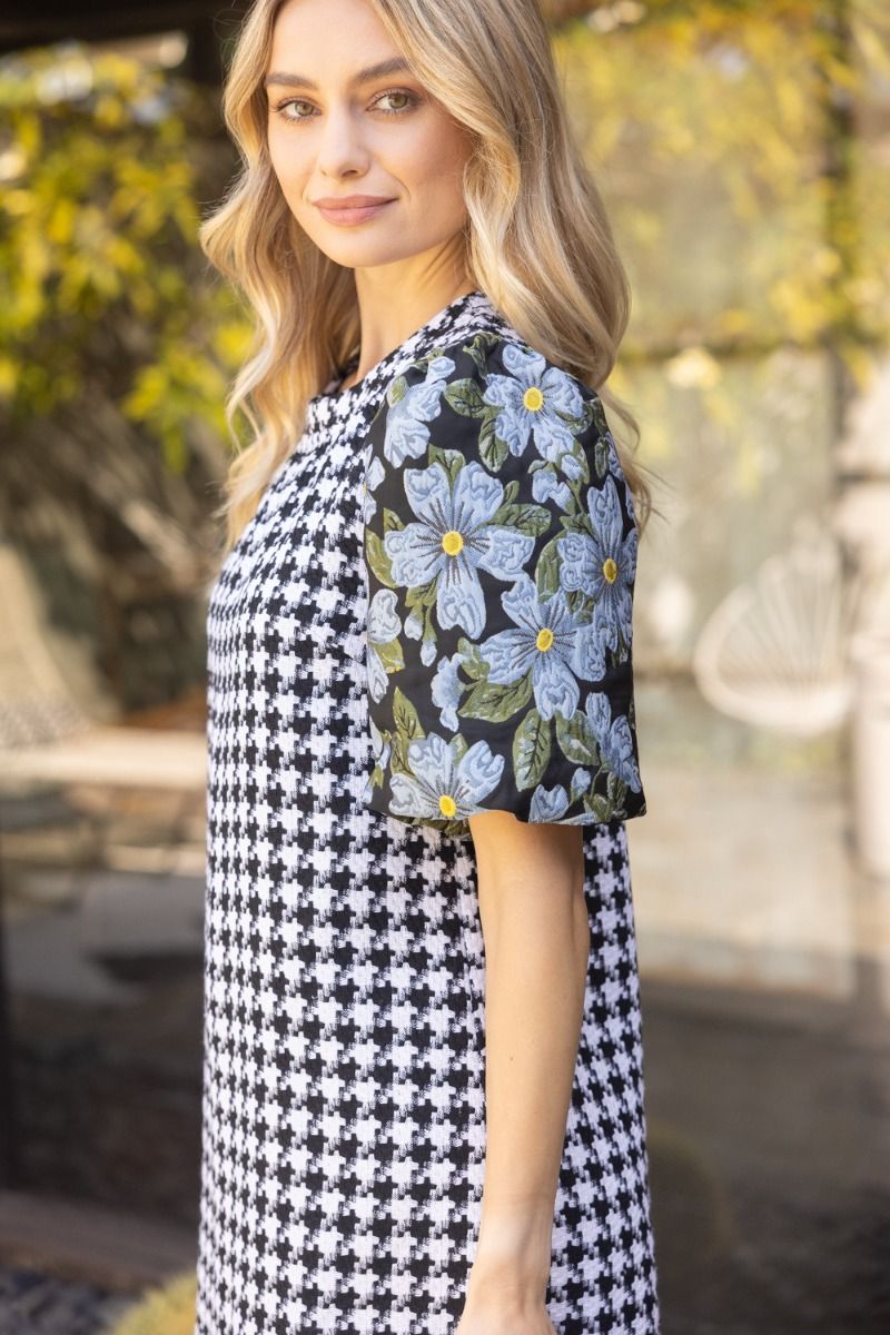 Floral Bubble Sleeve Houndstooth Dress