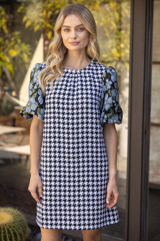 Floral Bubble Sleeve Houndstooth Dress