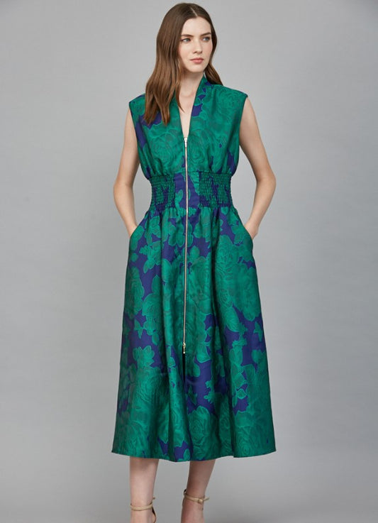 Emerald Elegance Floral Jacquard Dress