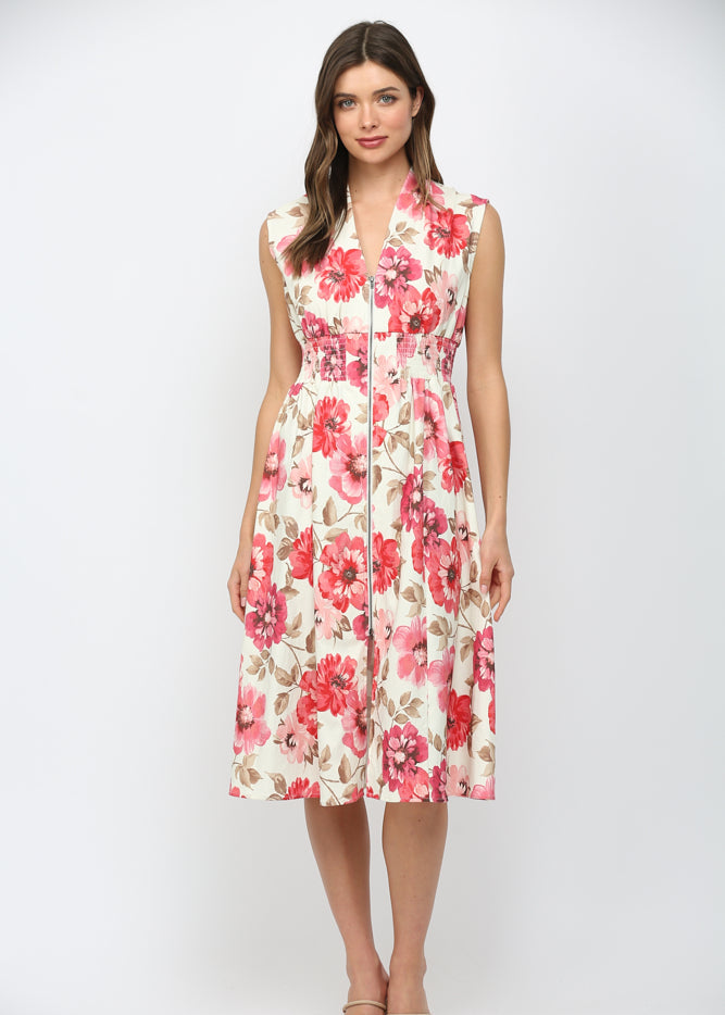 Woman wearing a pink floral dress