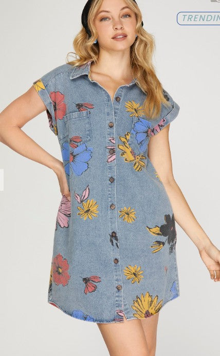 Denim Floral Shirt Dress