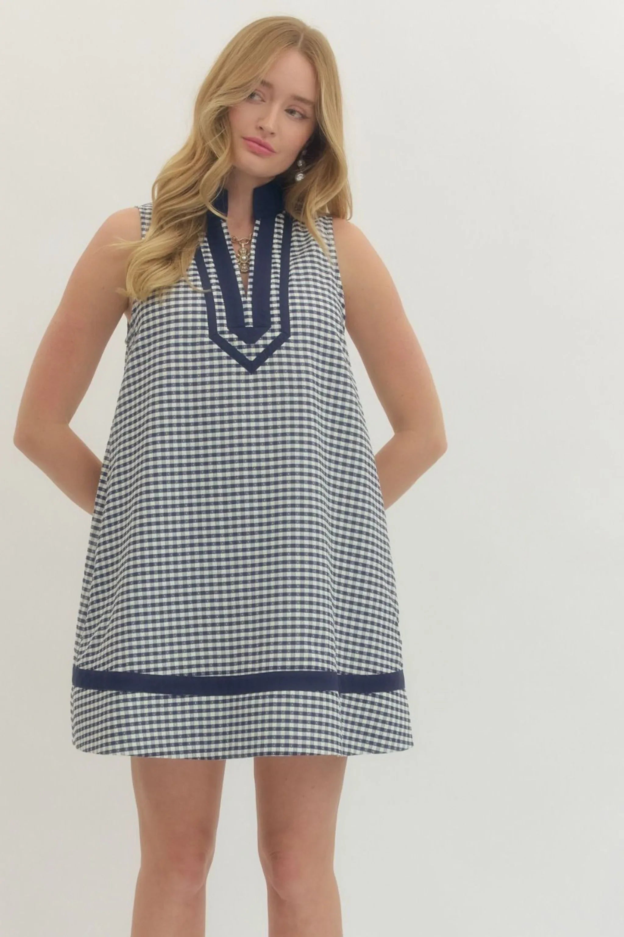 Gingham Sleeveless Mini Dress in Navy - Surprise Lily