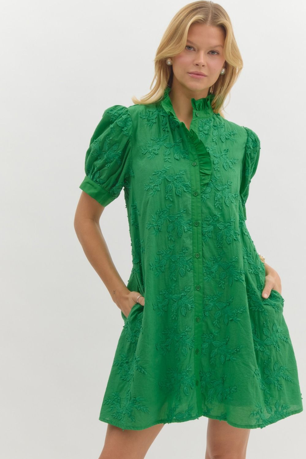 Green Bloom Puff Sleeve Mini Dress