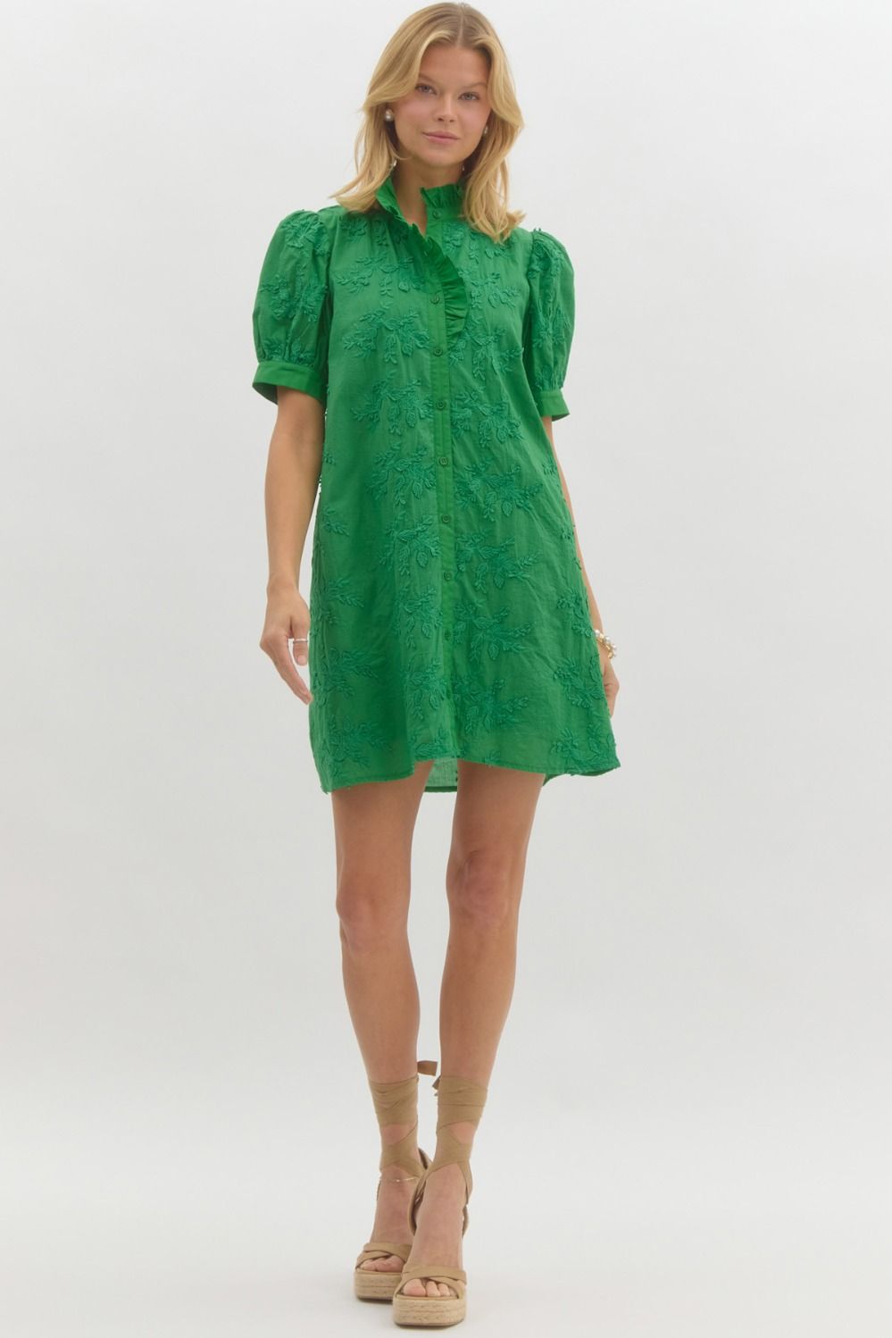 Green Bloom Puff Sleeve Mini Dress