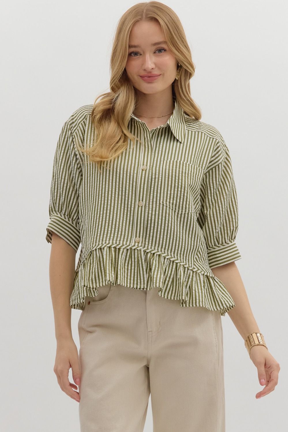 Olive Grove Stripe Ruffle Top