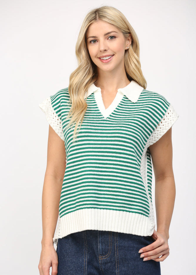 Stripe Collared V-Neck Sweater Vest in Green - Surprise Lily