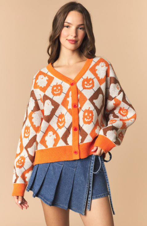 Argyle pumpkin and ghost knit cardigan in orange and brown with ribbed trim and button front — Halloween boutique sweater at Surprise Lily Louisville KY