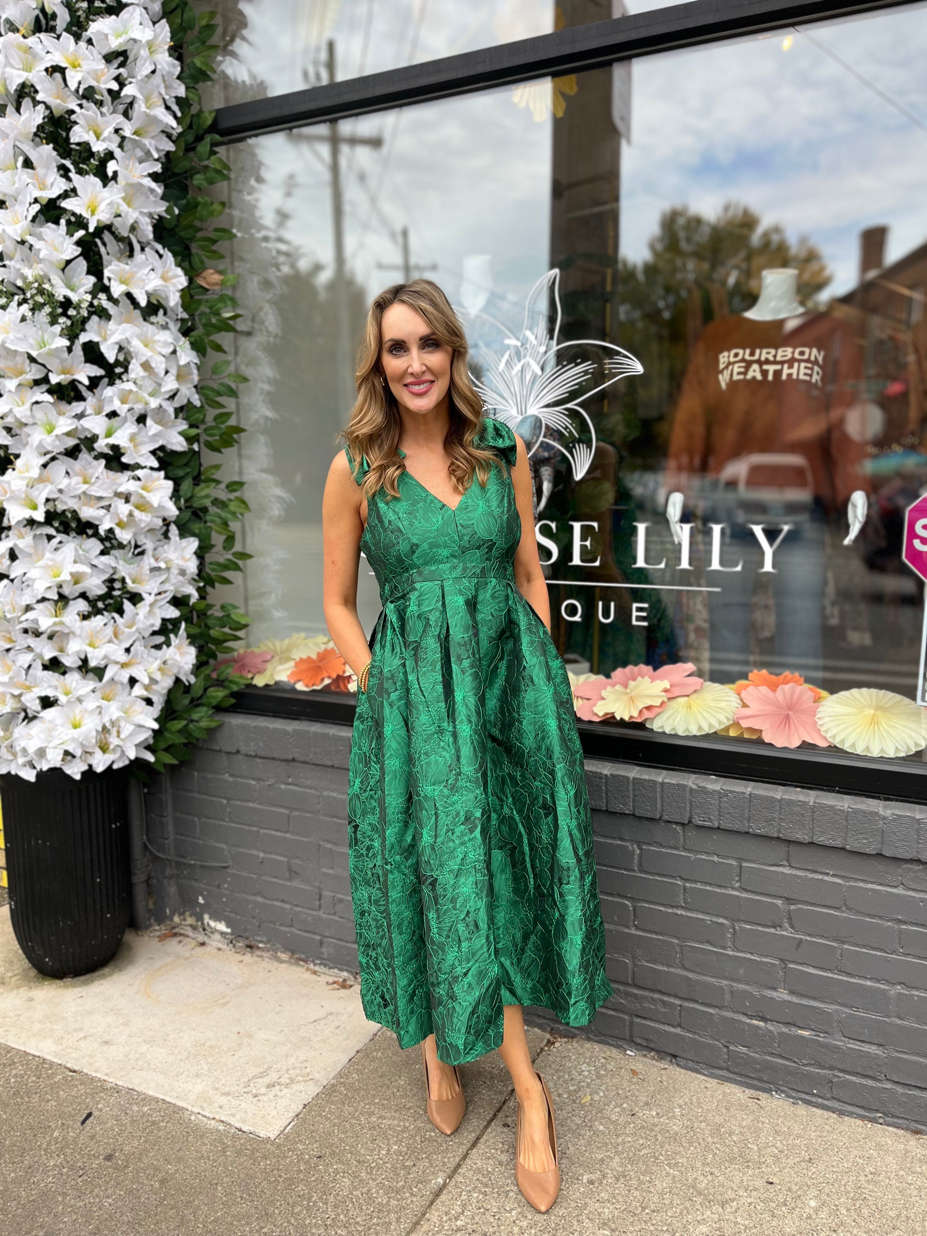 Emerald Floral Jacquard Midi Dress