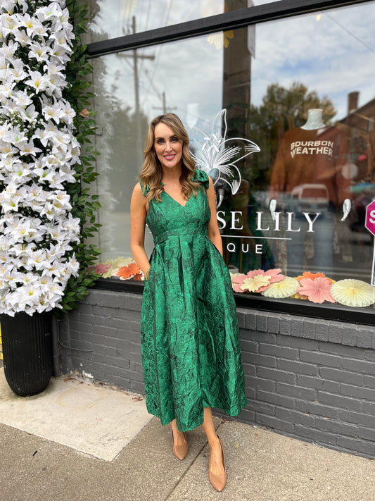 Emerald Floral Jacquard Midi Dress