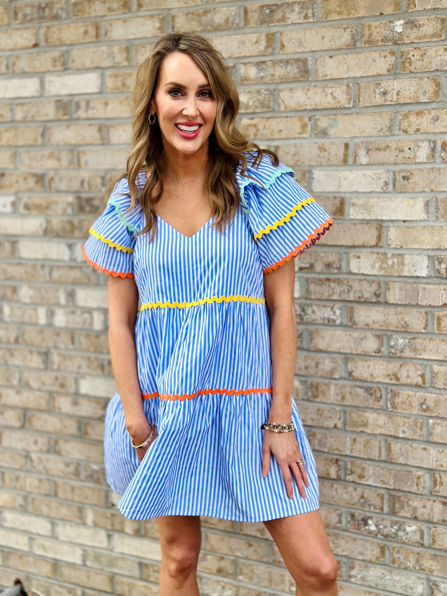 Adorable light blue and white with colorful rickrack make for a fun and playful outfit.  