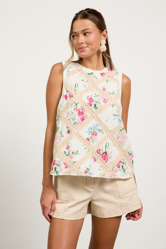 Printed Sleeveless Patch Crochet Top