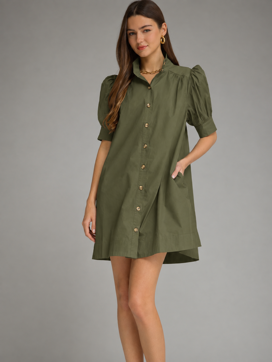 Olive green puff sleeve mini shirt dress with button front, shirt collar, and side pockets — Martini Olive Mini Dress at Surprise Lily boutique Louisville KY