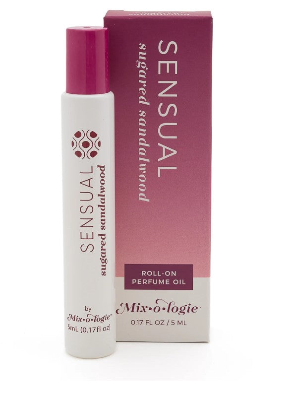 Sensual Sugared Sandalwood roll-on perfume oil with packaging on a white background