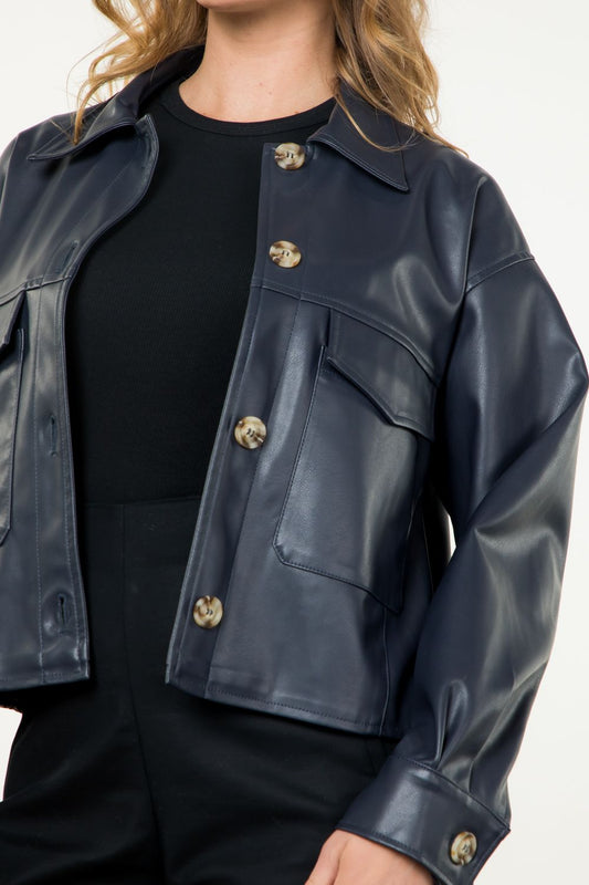 Navy Luxe Faux Leather Jacket