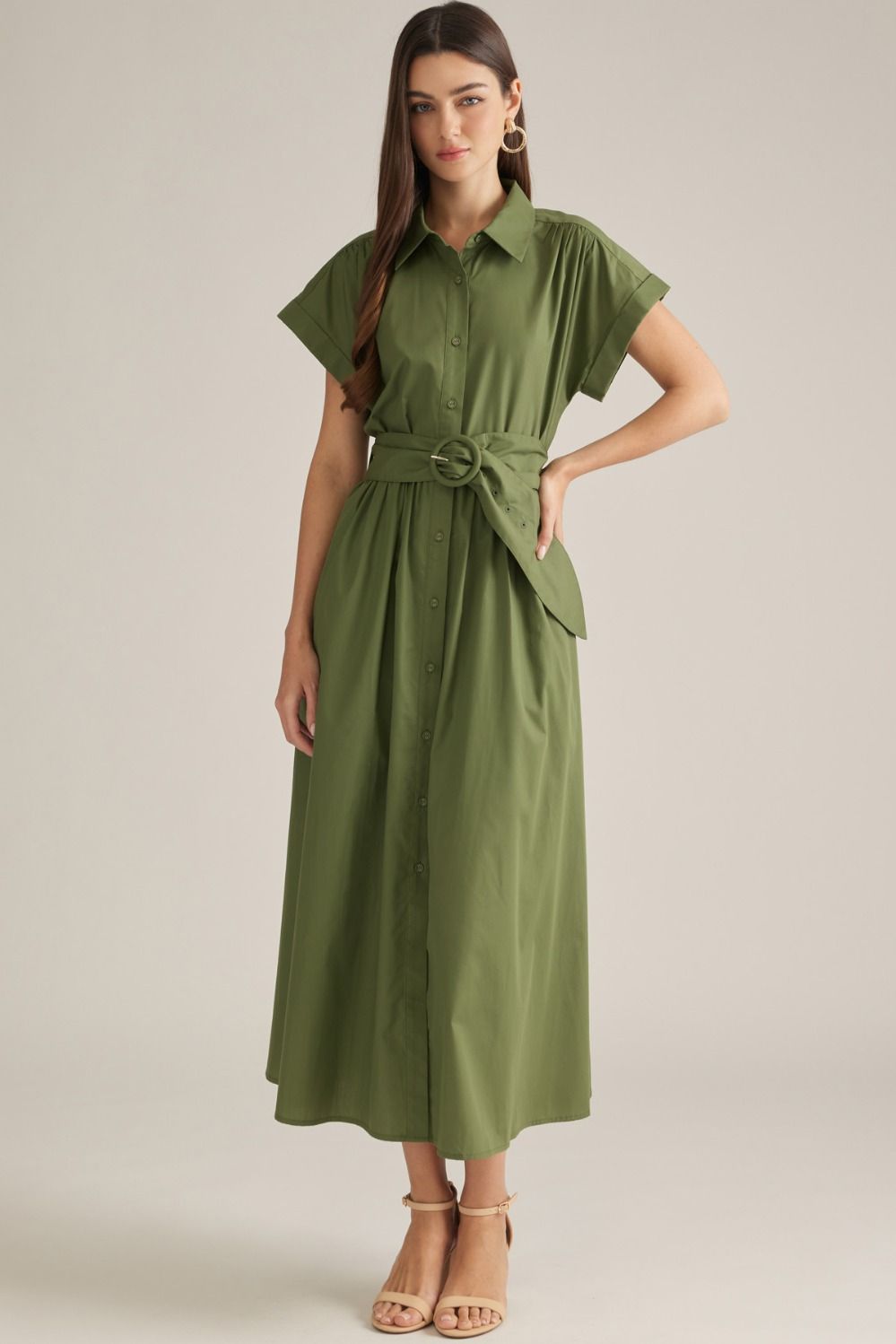 Olive green belted shirt midi dress with point collar, short sleeves, button-down front, and round buckle belt .