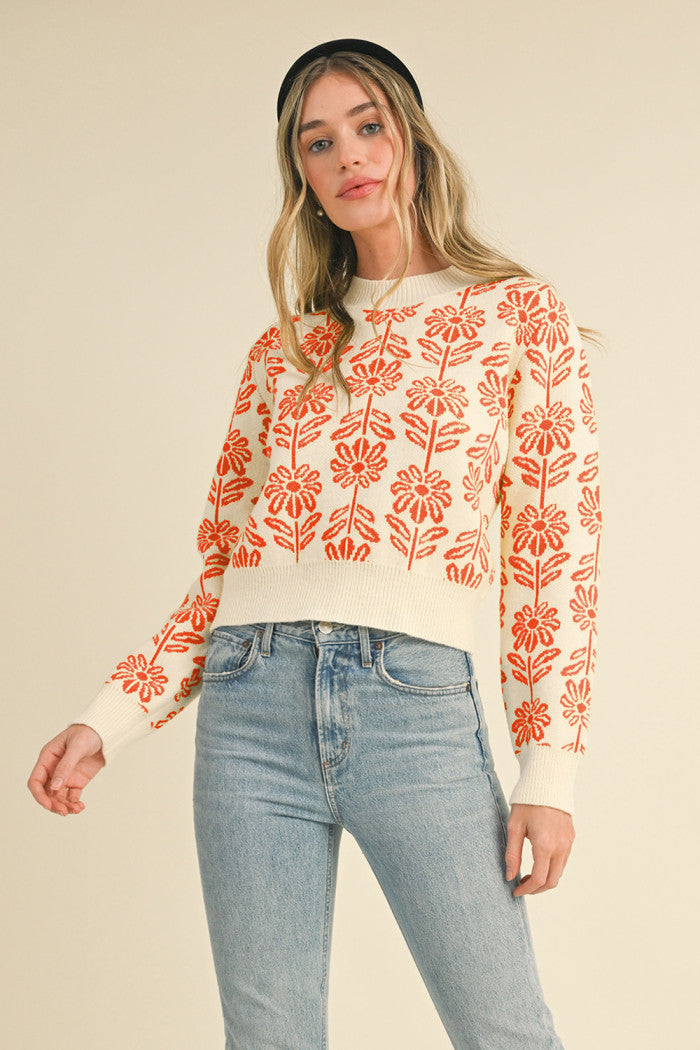 Floral Knit Sweater in Orange Daisy