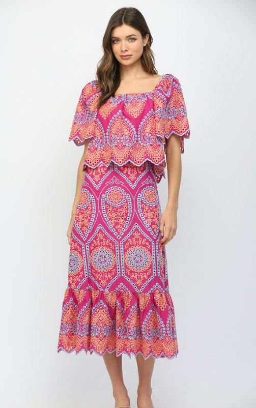Embroidered Square Neck Midi Skirt Set - Surprise Lily