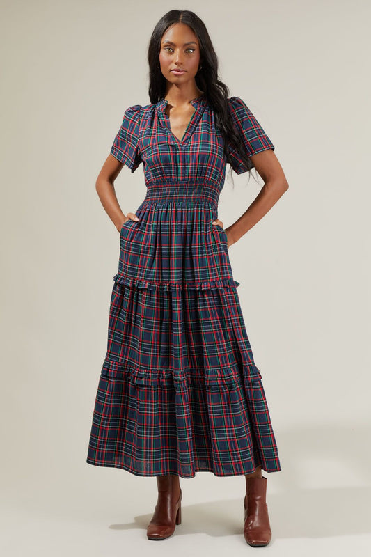 Plaid Palmer Poplin Tiered Maxi Dress