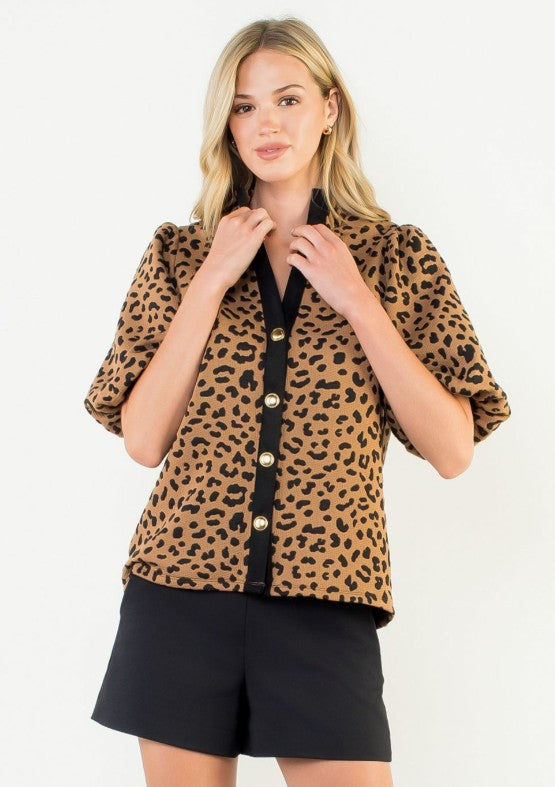 Women's leopard print blouse with gold buttons