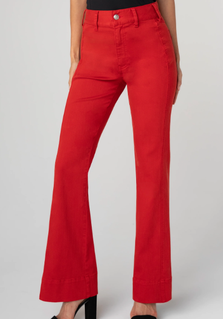 Liverpool red high-rise bootcut jeans in soft stretch denim with side seam details and logo button closure