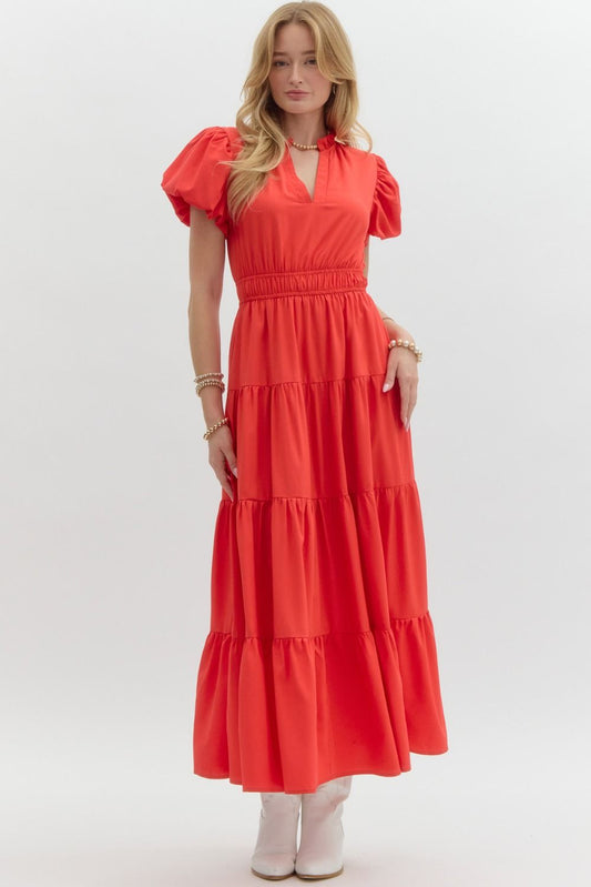 Judy V-Neck Midi Dress in Red