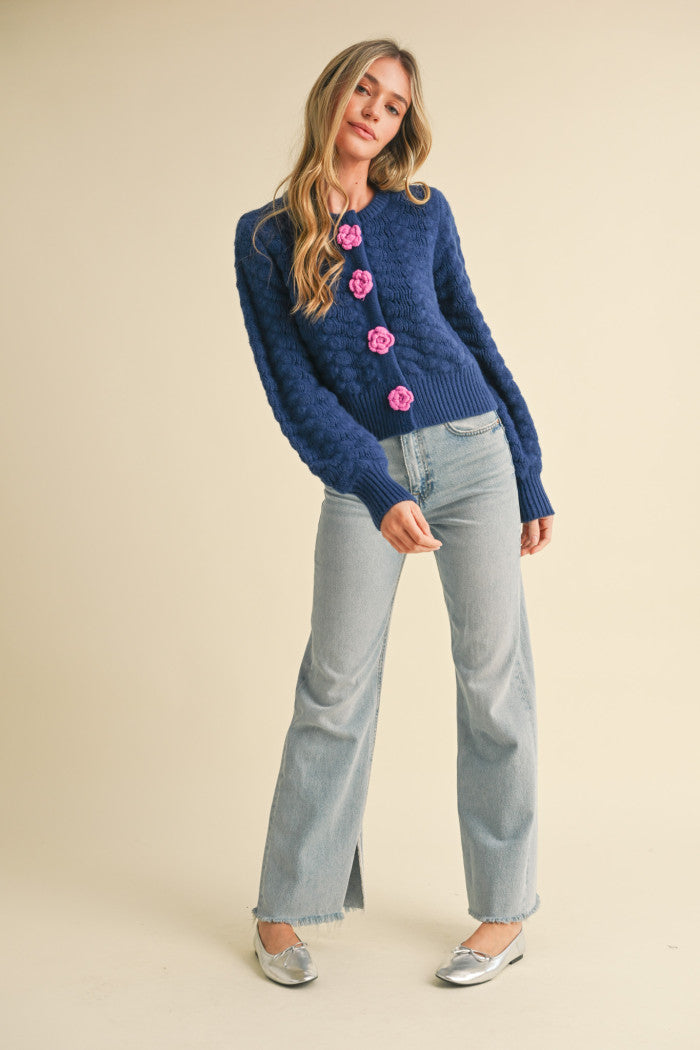 Rosette Sweater Cardigan in Navy