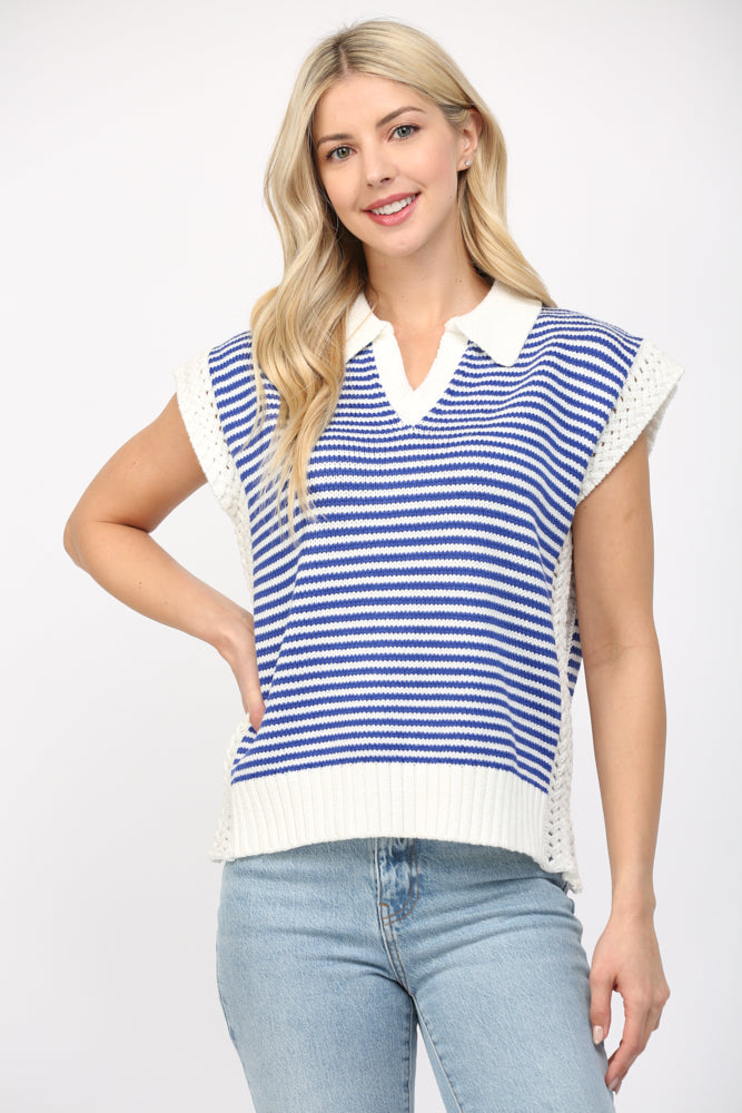 Nautical Charm: Stripe Collared V-Neck Sweater Vest