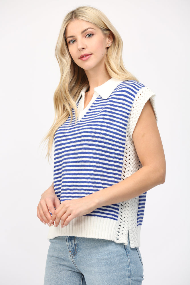 Nautical Charm: Stripe Collared V-Neck Sweater Vest