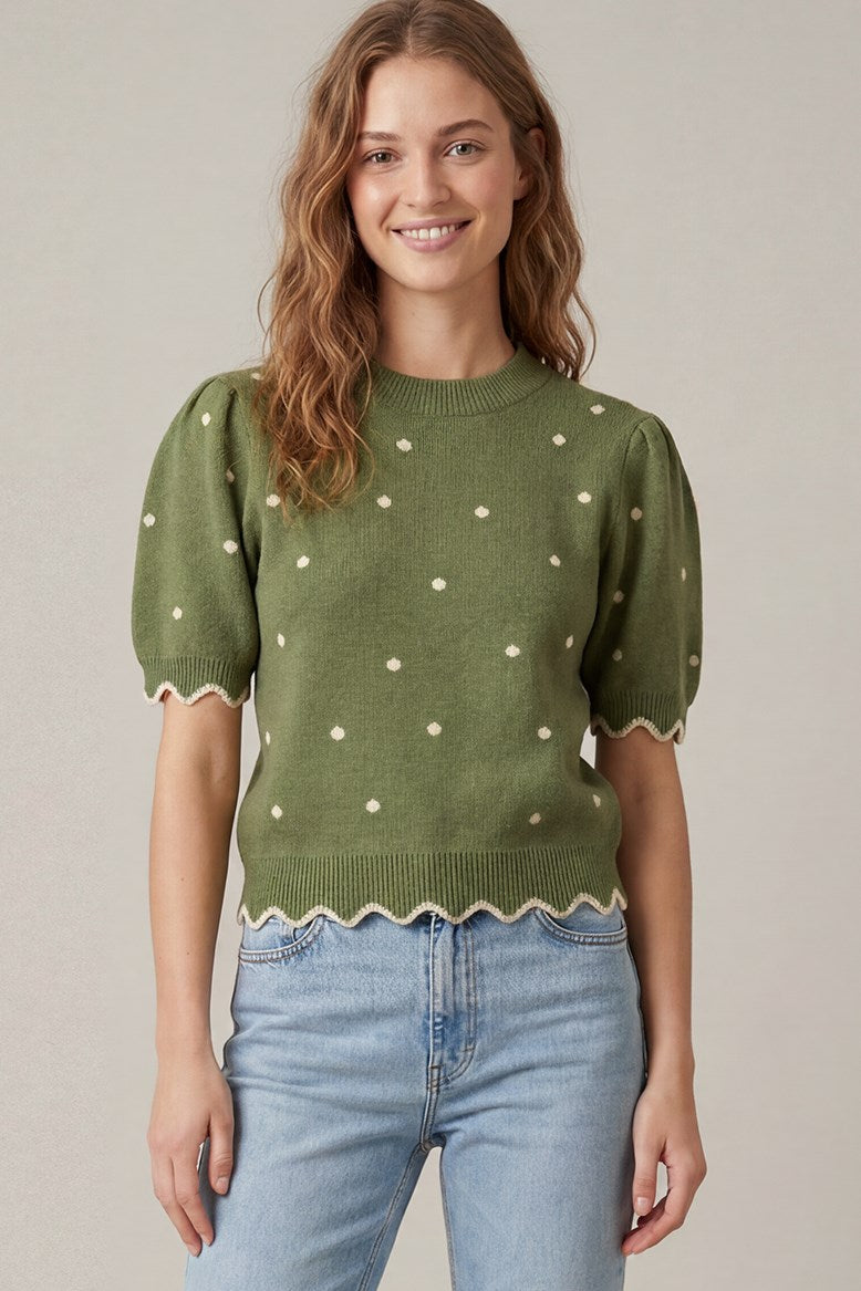 Short Puff Sleeve Scallop Trim Polka Dot Sweater Top