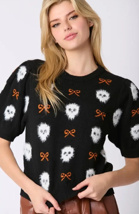 Fur Skeleton and Bow Puff Sleeve Sweater