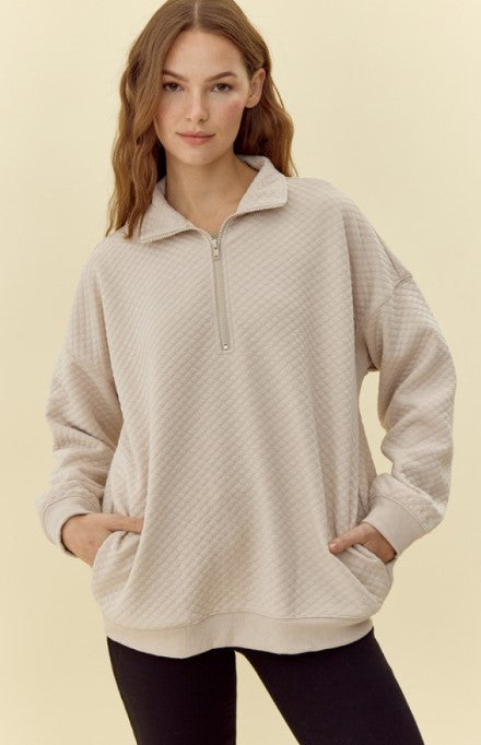 Half-Zip Pullover in Beige - Top - Long Sleeve - Surprise Lily