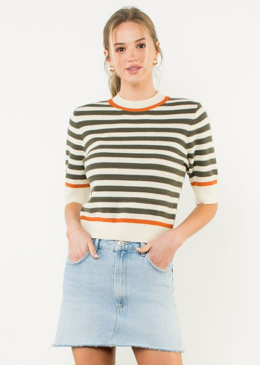 Olive Stripe Short Sleeve Knit Top