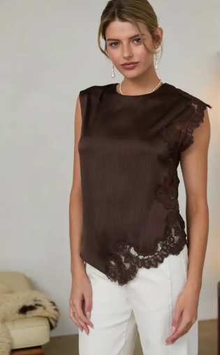 Sleeveless satin top with mixed lace trim at sides and scalloped hem in chocolate brown