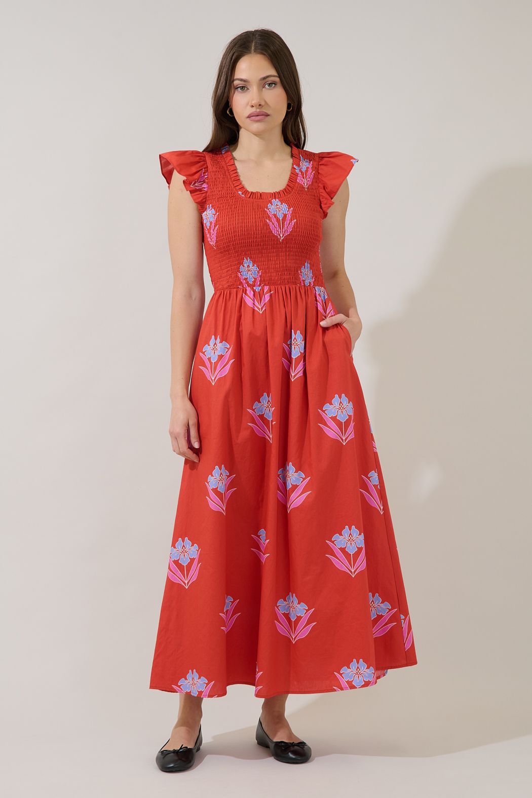 Sherly Smocked Midi Dress in Terracotta
