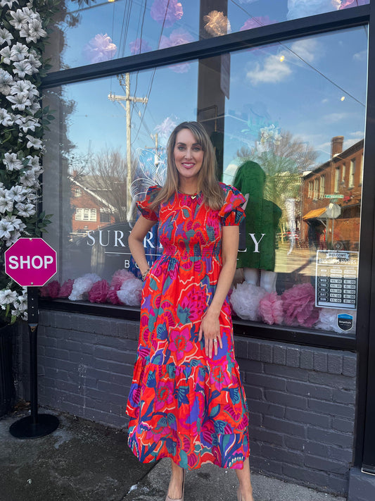 Kaylee Tropics Smocked Midi Dress