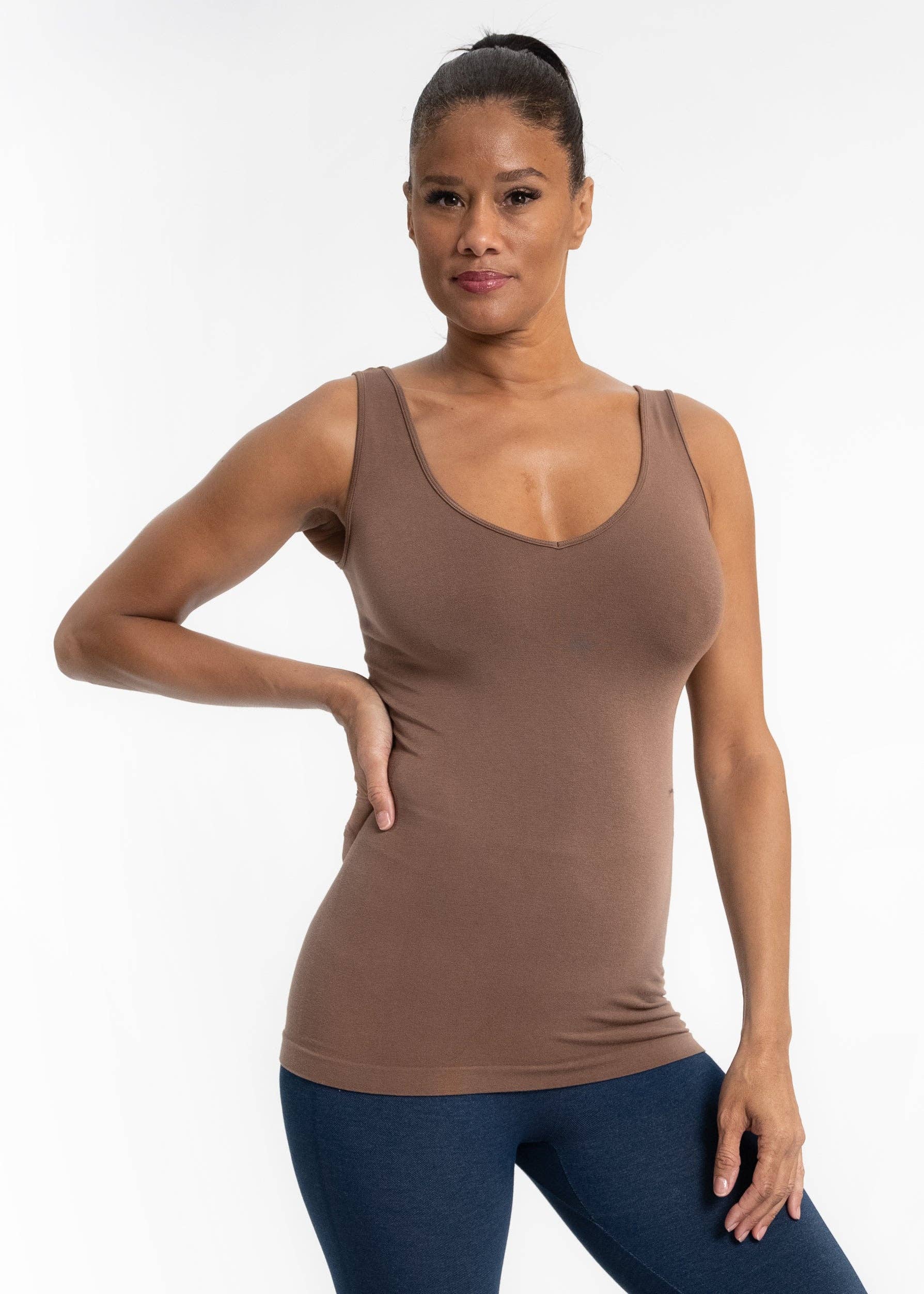 Soft Seamless Reversible Tank in Coffee for Autumns| V-Neck & Scoop Neck