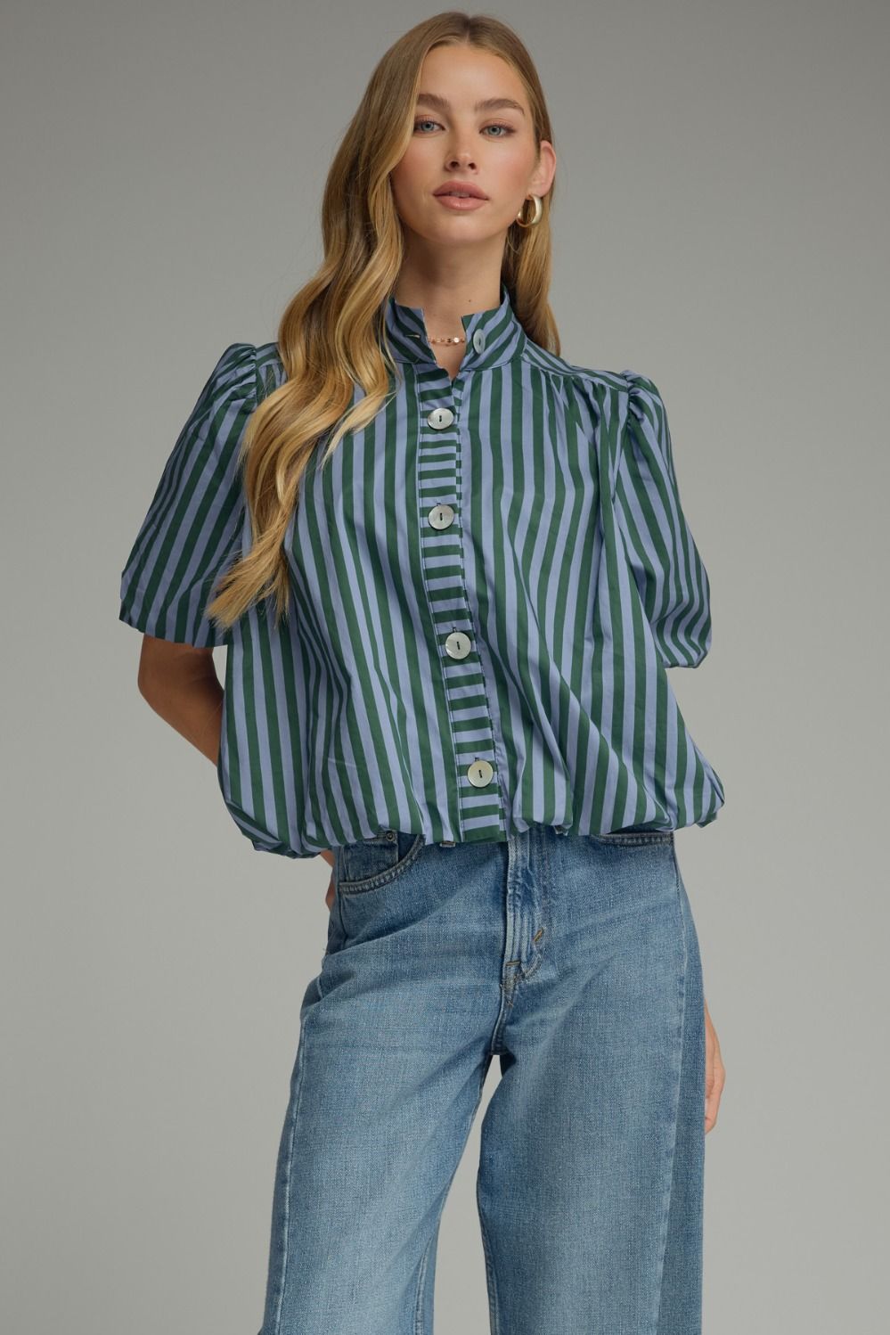 Stripe short puff sleeve top with band collar neckline, front button closure, shirring detail at shoulders and back, elasticated hem, fully lined woven construction, non-sheer.