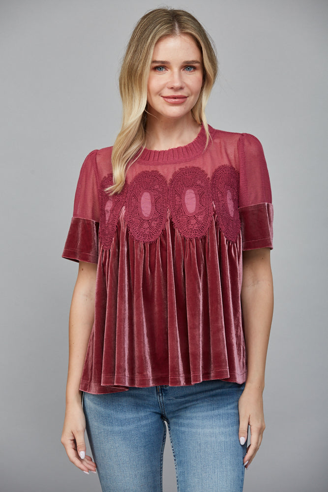 Celeste Velvet Lace Top in Woodrose