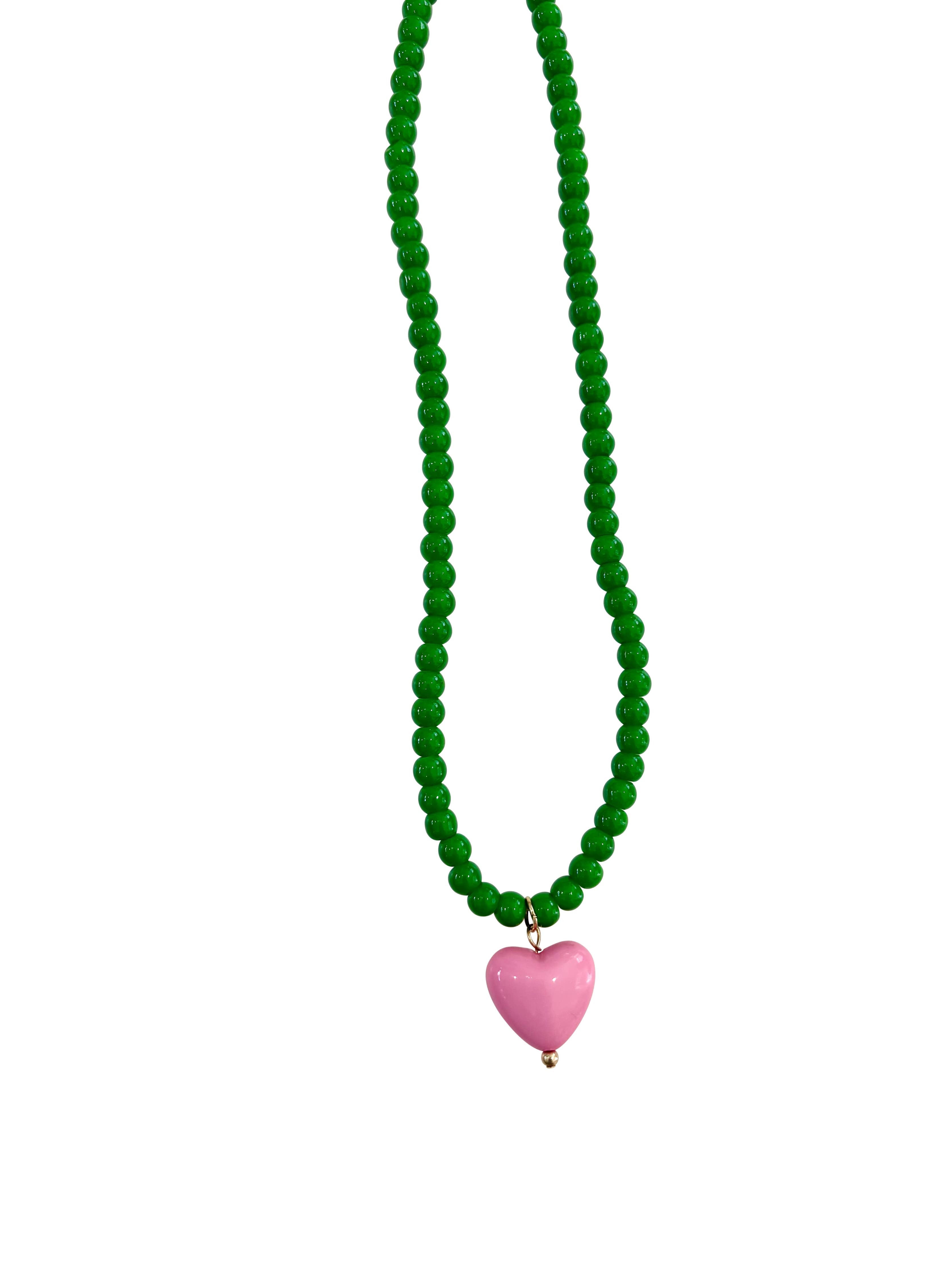 Pippa Green Beaded Necklace with Heart Charm - Surprise Lily