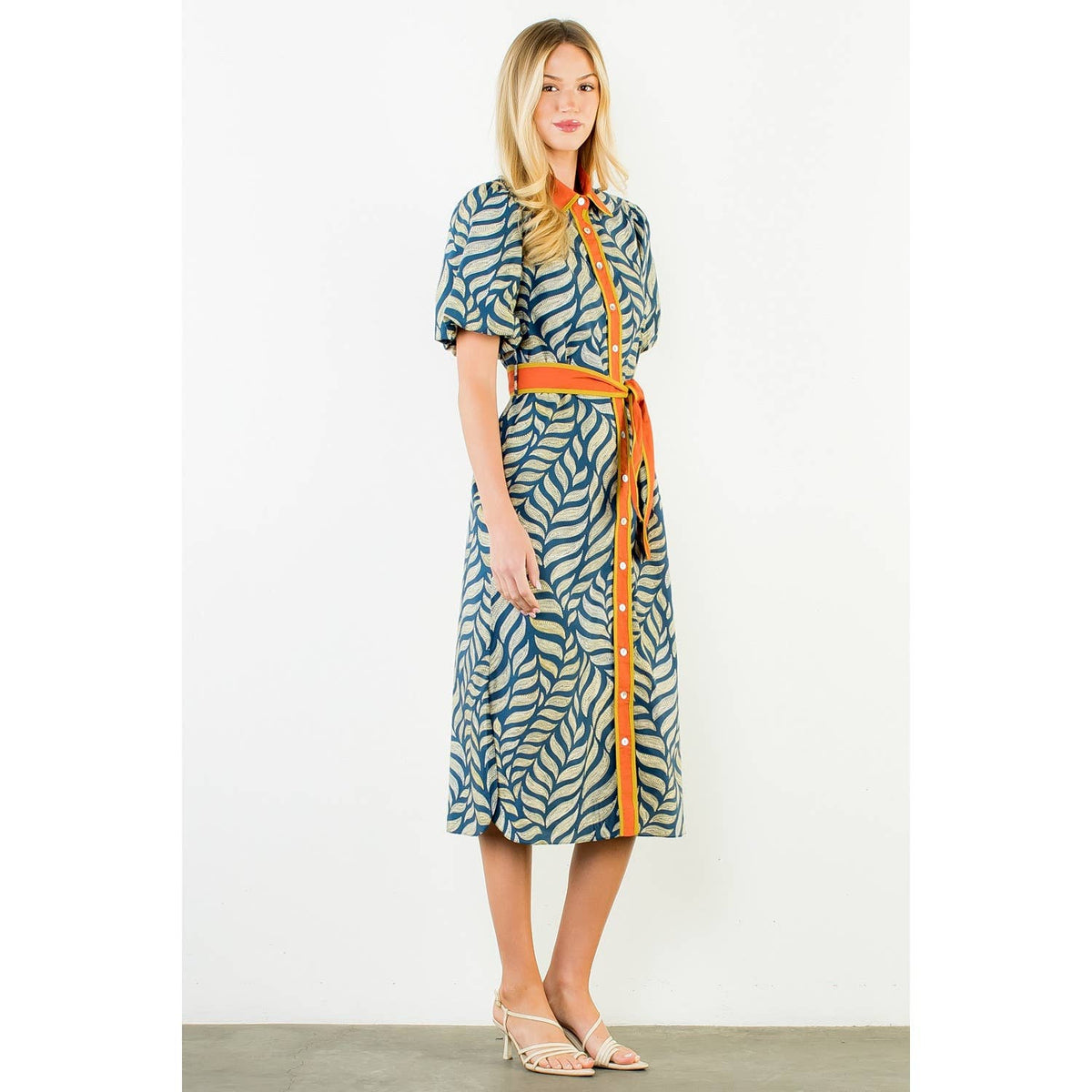 Puff Sleeve Patterned Button Down Dress - Surprise Lily